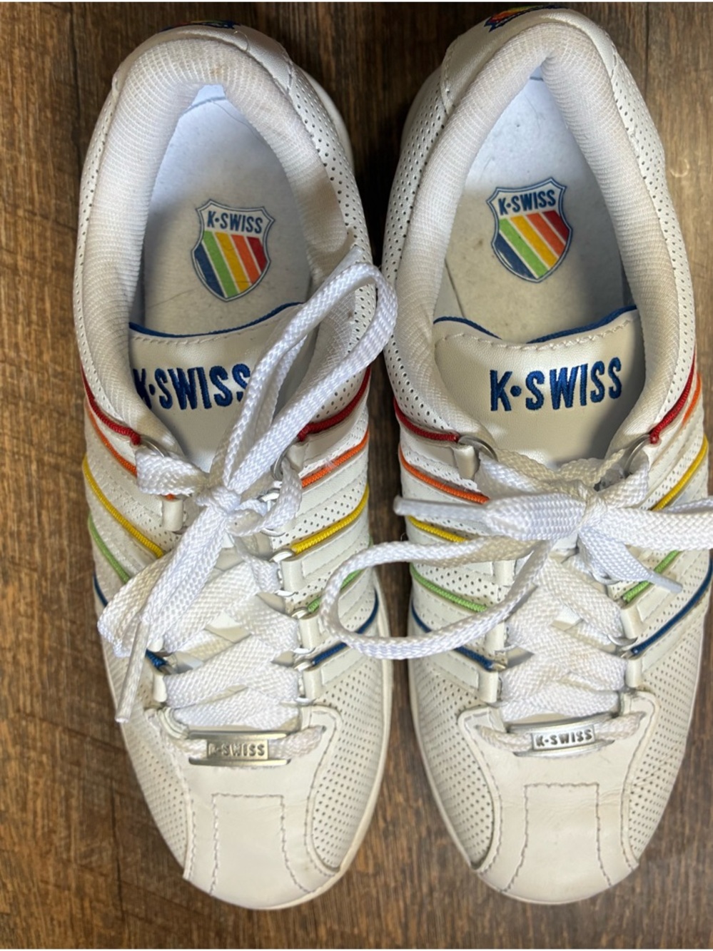 K-Swiss Women’s White Sneakers with Rainbow Stripe Accents